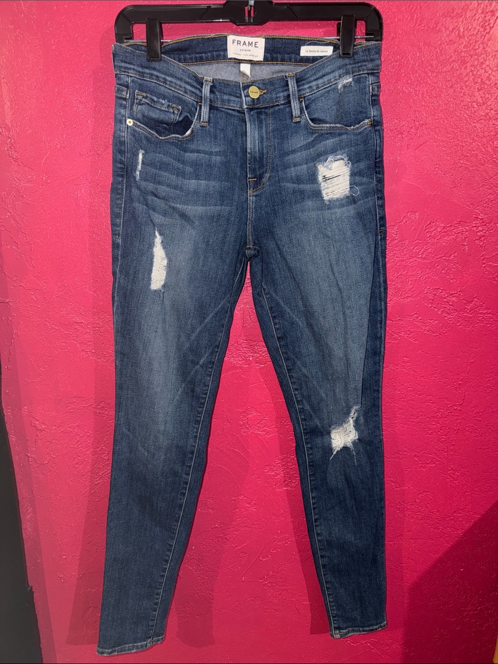 Frame Denim Le Skinny de Jeanne in Mid Blue with Distressed Detailing. Sz 29.